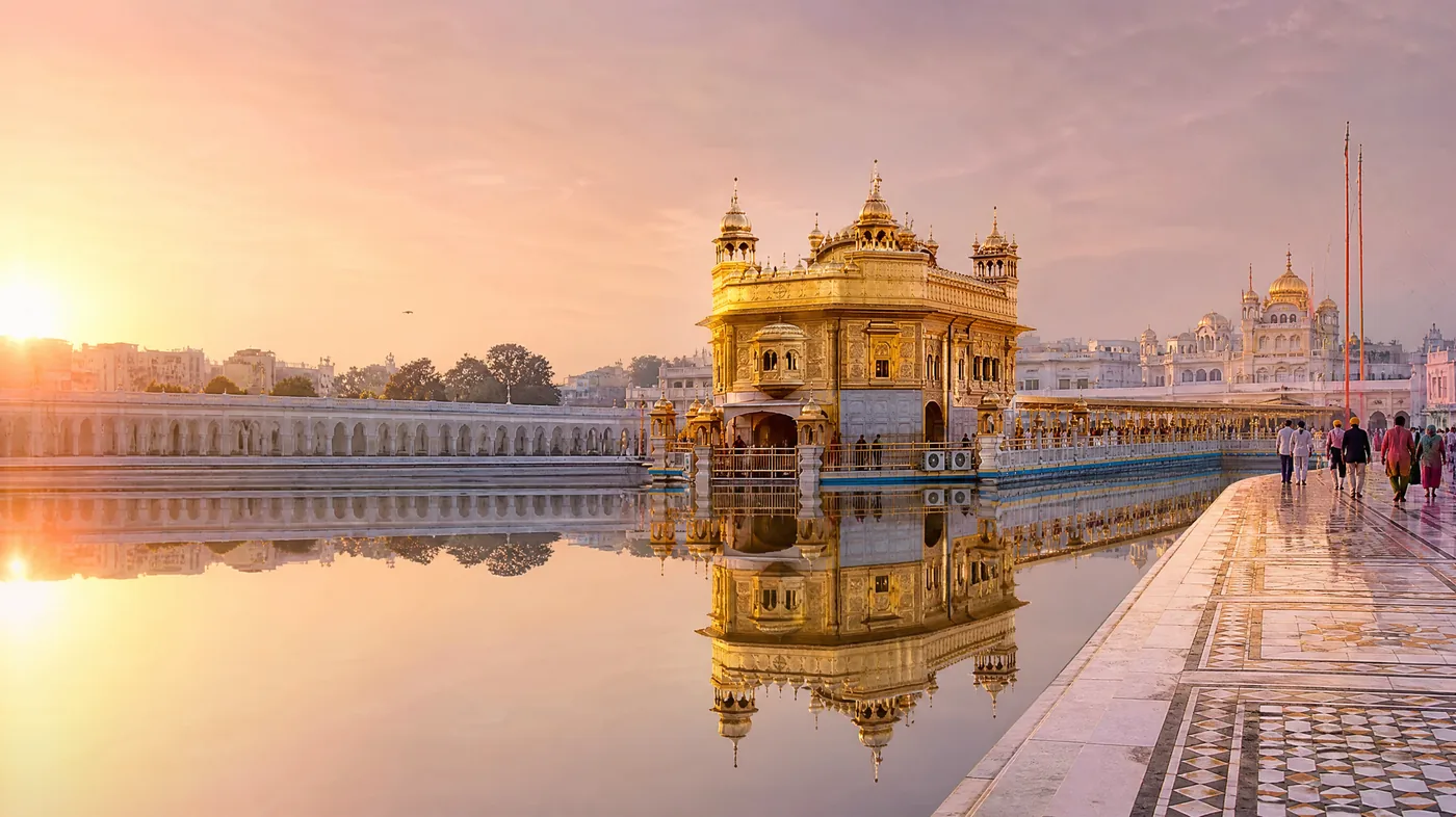 Der vergoldete Tempel und der Damm, der über das stille Becken zu ihm führt, bei Sonnenaufgang in rosa und goldenem Licht