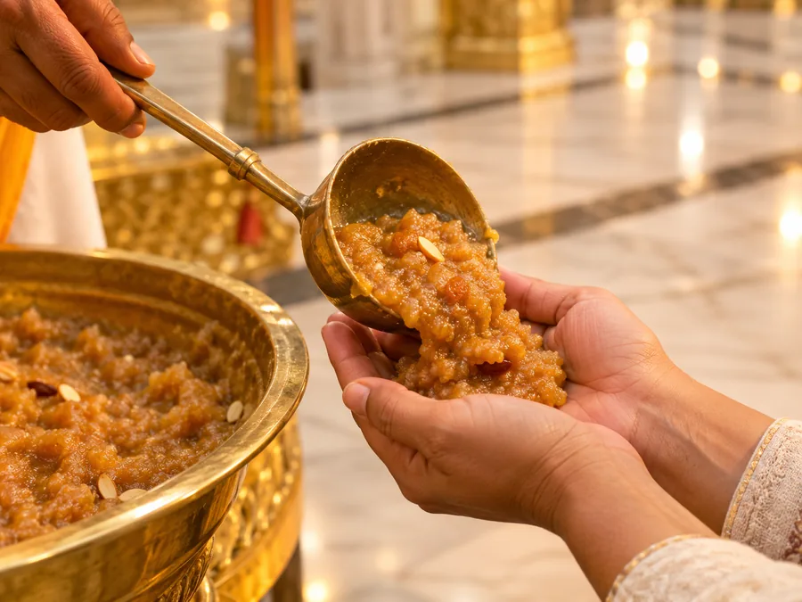 Hohle Hände empfangen eine Portion süßes Karah Prasad aus einer Messingschale