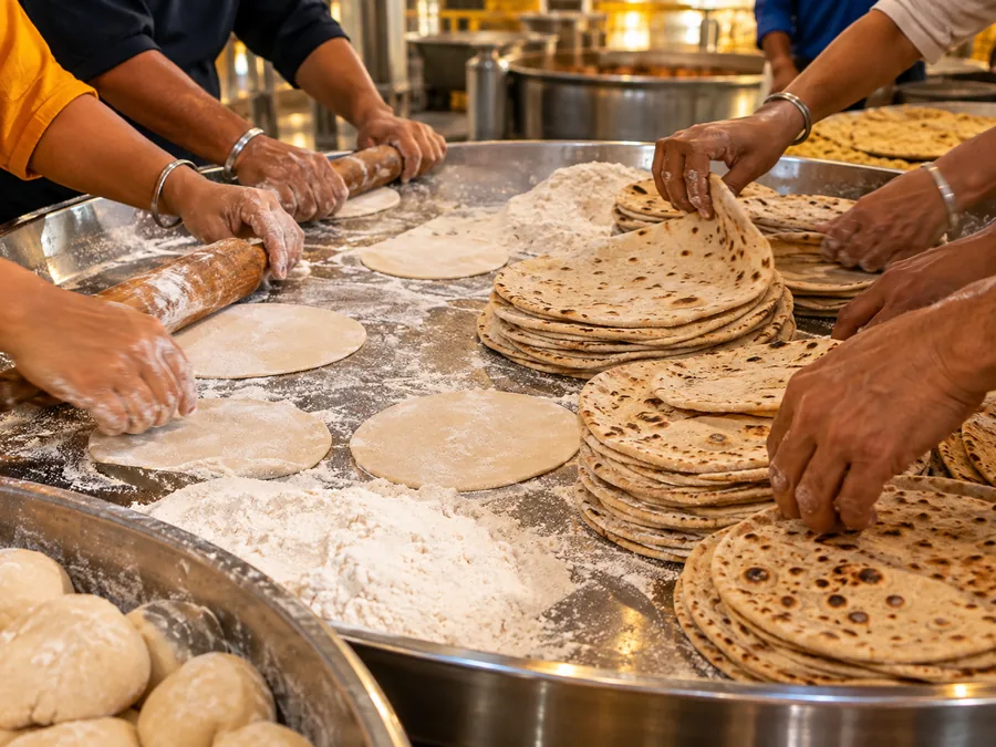 Viele Hände rollen runde Rotis und stapeln sie auf einem großen Stahltablett in einer Gemeinschaftsküche